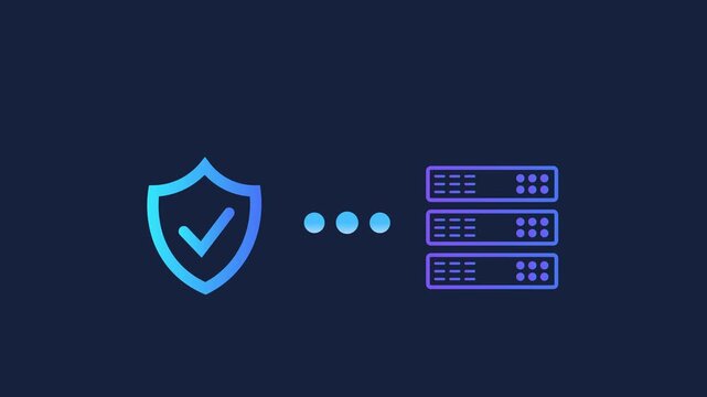 Animated motion graphics of a security shield connecting to data server racks with pulsing loading dots. Representing cyber security, encrypted database protection, and network safety