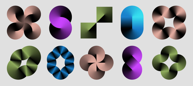 Conic gradient shapes. Angular geometric design elements, abstract 3D gradient flower forms and overlapping circles. Twisted loop and gradient stripe set