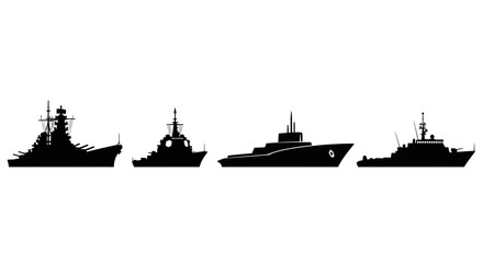 Silhouette Collection of Naval Warships: Battleship, Frigate, Submarine, Patrol Boat © zebra