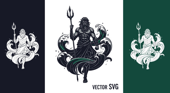 Neptune God of the Sea with Trident and Waves, Mythological Character