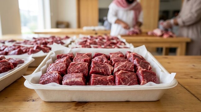 Raw meat portions on wooden table.