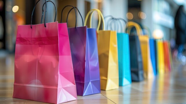 Multi-colored paper shopping bags arranged in a diagonal row on a reflective boutique floor with beautiful bokeh for retail fashion marketing