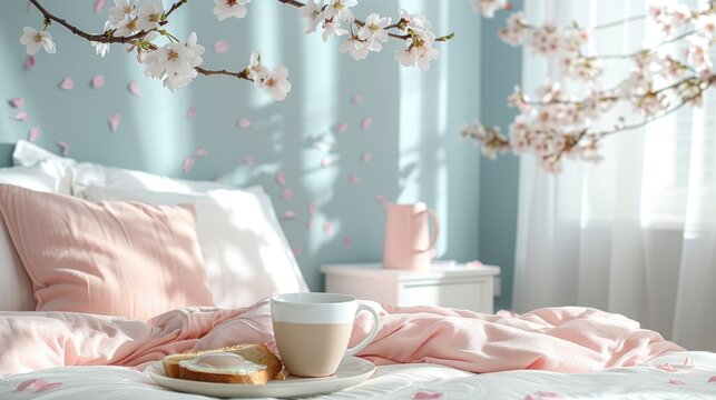 Morning coffee and breakfast on pink bedding with cherry blossom branches in a serene sunlit bedroom for home decor marketing