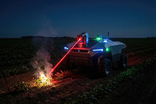 Futuristic agricultural robot zapping weeds with a bright red laser beam at night