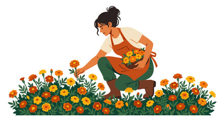 Fototapeta premium Gardener in apron harvesting yellow and orange marigolds in flower bed