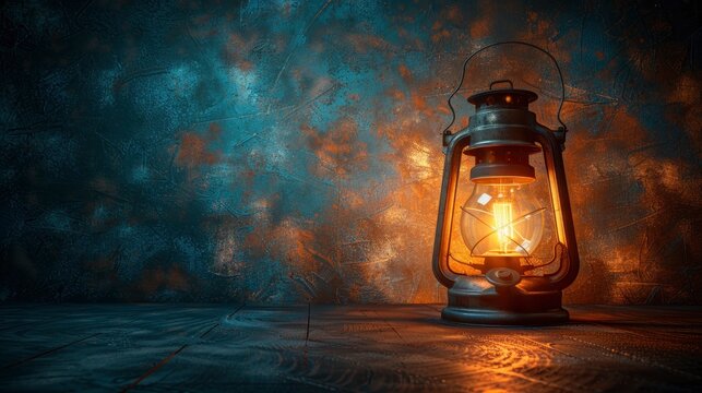 Vintage kerosene lantern glowing against a rustic textured background with cinematic lighting for adventure and history marketing