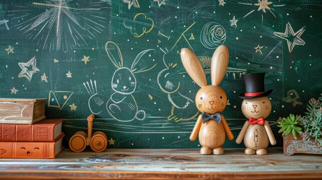 Wooden rabbit figurines standing on a shelf with vintage books and a chalk-marked background in a whimsical classroom for education marketing
