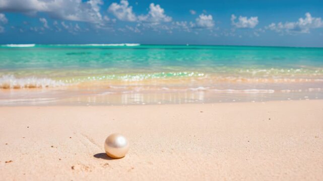Serene Pearl on Shoreline: a lustrous pearl rests on a pristine sandy beach with the azure sea stretching to the horizon. A scene of tranquil beauty and the allure of preciousness.