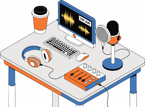 Clean isometric podcast recording studio with microphone mixer computer headphones
