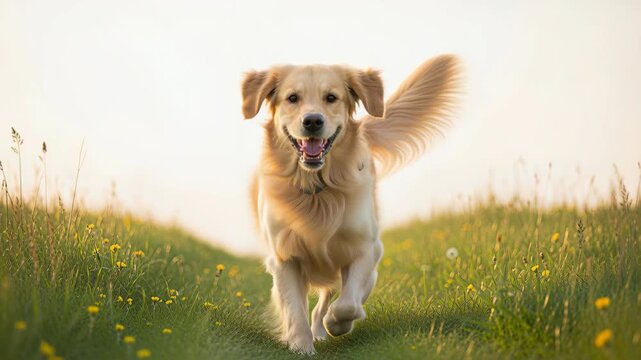 Golden Retriever's Joyful Sprint: A golden retriever bounds through a sun-drenched field of vibrant wildflowers, its tail wagging with boundless enthusiasm.
