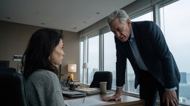 Senior manager leaning over desk speaking sternly to employee. Tense workplace conversation in office. Authority, pressure and boss-employee conflict concept