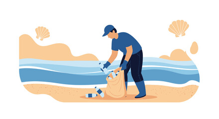 Obraz premium Man collecting plastic bottles on beach, cleaning up pollution for environmental protection