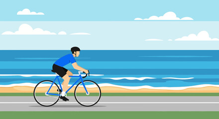 Fototapeta premium Man cycling along a scenic coastal road with ocean waves and blue sky
