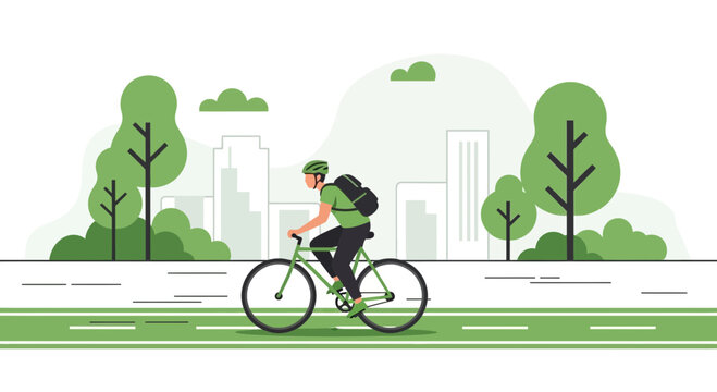Man riding bicycle in city park with trees and buildings background, eco-friendly transport