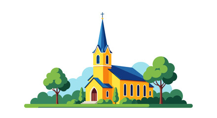 Fototapeta premium Bright yellow church with blue roof and steeple, surrounded by green trees and bushes.