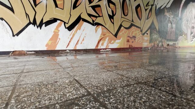 Raw urban infrastructure detail with artistic graffiti on concrete wall, 4K organic texture.
