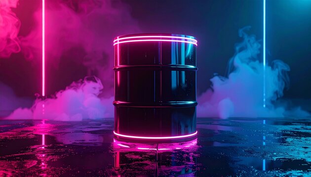 Luxurious Futuristic Black Chrome Oil Barrel with Glowing Neon Edge. Cyber ​​petroleum commodity and finance sci-fi industrial concept in premium high-end 3D rendering style.