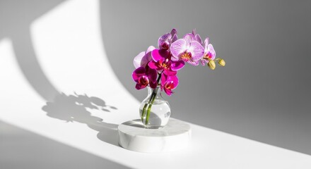 Vibrant orchids in a glass vase, artfully lit © irawan710