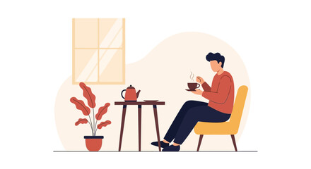 Fototapeta premium Man enjoying tea break at home, cozy atmosphere, indoor plant and window