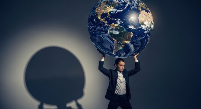 Woman holds up Earth, bearing heavy burden