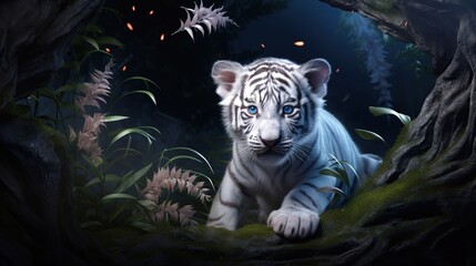 Obraz premium Mystical White Tiger Cub Peering From Moonlit Jungle Shadows Under Night Sky