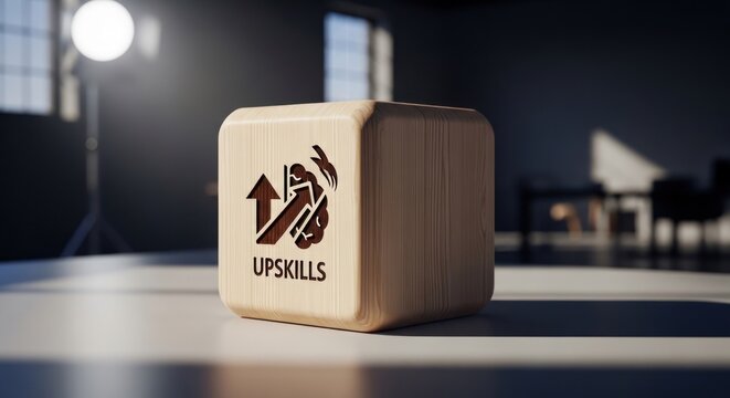 Wooden cube with "UPSKILLS" logo on table