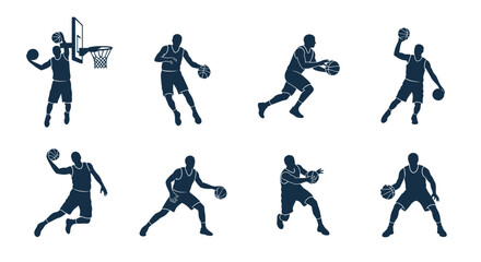 Basketball Player Silhouettes Set: Dribbling, Shooting, and Playing Action Poses © viera