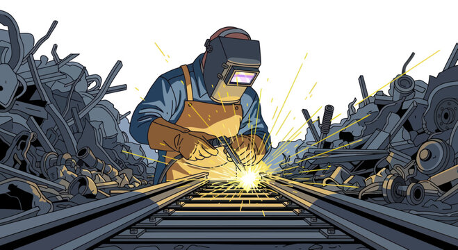 Welder working on metal structure with sparks, industrial background