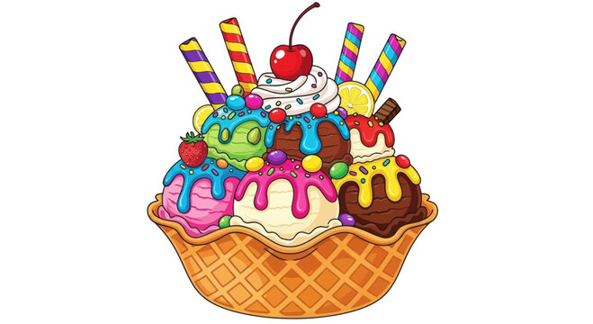 Colorful Ice Cream Sundae in Waffle Bowl with Cherry and Sprinkles