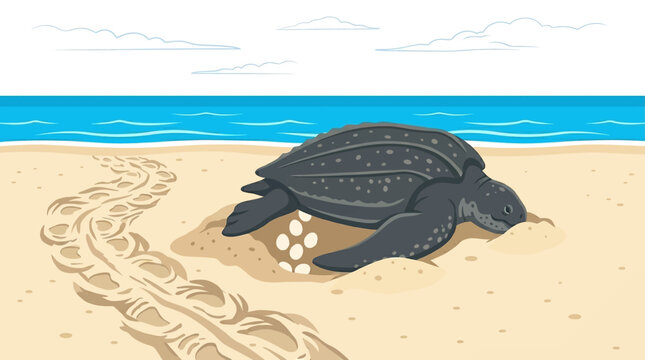 Leatherback sea turtle laying eggs in a nest on a sandy beach with flipper tracks leading from the ocean, flat vector illustration
