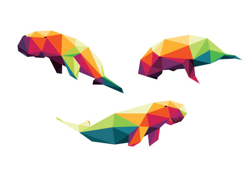 Set of Dugong Fosh in Colorful Polygonal Low Poly Vector. Colorful Abstract Vector of Dugong Fish Collection. Mermaid Fish Colorful Illustration logo. Perfect for kids animal book illustration