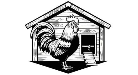 Rooster Standing In Front Of Chicken Coop, Black and White Illustration © umi