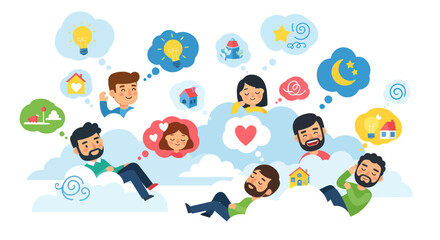Diverse people in clouds dreaming of ideas, love, and homes, illustration © umi