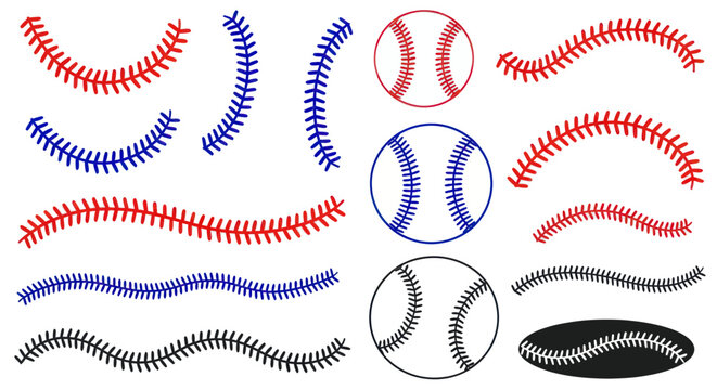 Baseball Stitching Elements and Balls - Red, Blue, Black