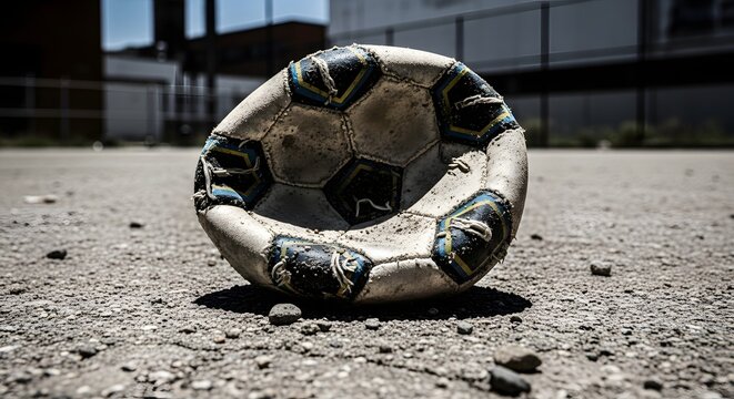 A worn-out soccer ball rests on rough ground, abandoned and weathered by time and play