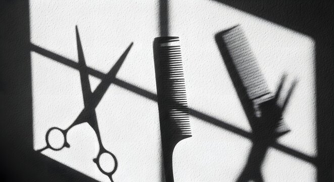Shadows of hairdressing tools, scissors, and comb, cast on a wall, creating an abstract geometric pattern