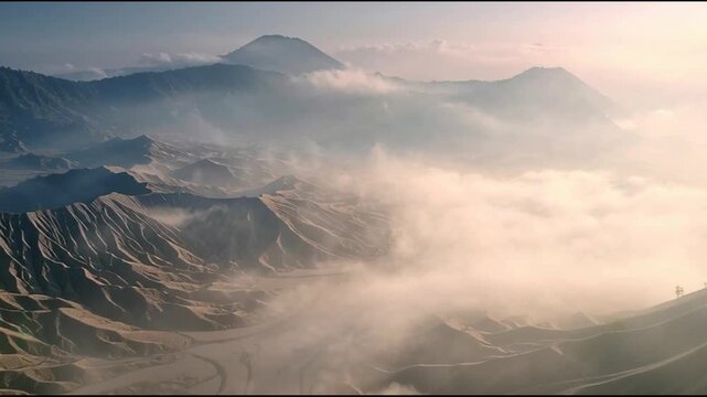 Misty mountains landscape drone flyover