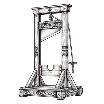 medieval guillotine with ornate wooden frame and sharp blade in a detailed monochrome historical illustration with dark dramatic atmosphere