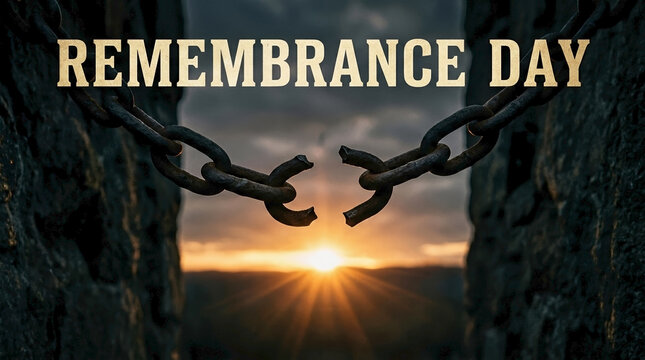 Broken chains symbolizing freedom at sunrise with Remembrance Day theme, highlighting a powerful message against darkness as light emerges.