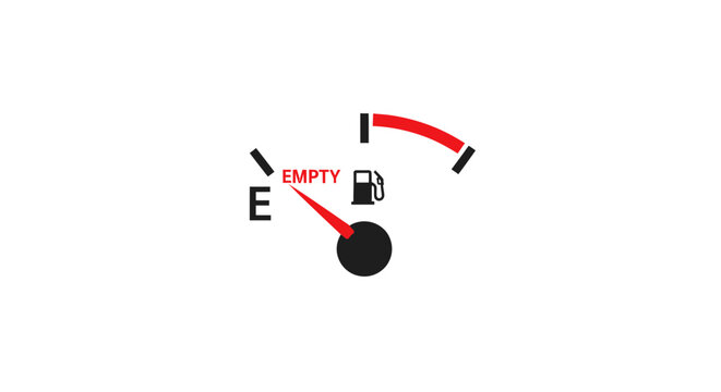 Empty fuel gauge on white background, car dashboard indicator showing no gas