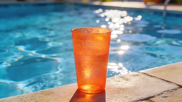 Orange plastic cup on the edge of a swimming pool on a sunny summer day
