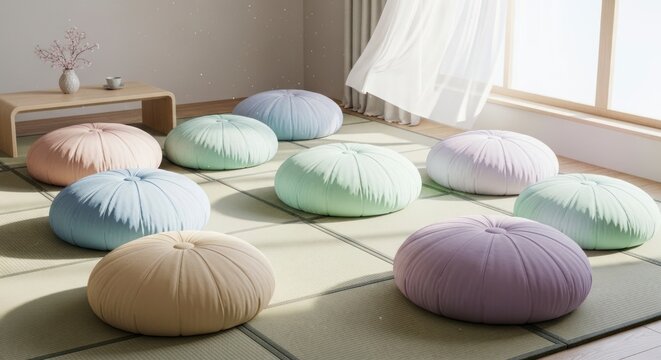 Coussins color&eacute;s dispos&eacute;s &agrave; l'int&eacute;rieur pr&egrave;s de la fen&ecirc;tre, lumi&egrave;re naturelle et d&eacute;coration int&eacute;rieure
