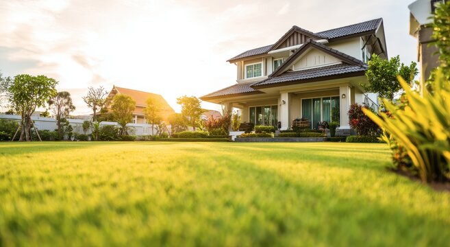 beautiful large house with green lawn and plants in the evening beautiful house large house green la