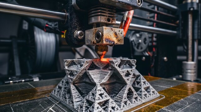 3D printer extruding intricate fractal model with glowing nozzle