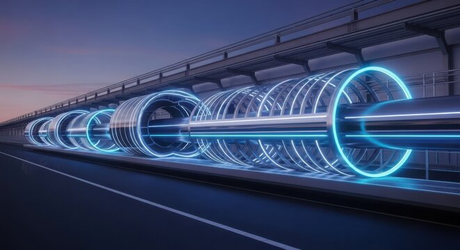 Futuristic Hyperloop System with Glowing Blue Neon Lights, Representing Advanced Transportation Technology