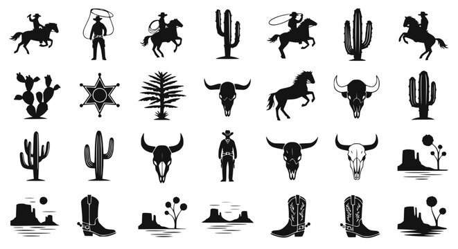 Wild West Icons: Cowboys, Horses, Cacti, Skulls, Boots, and Landscapes - Black Silhouettes