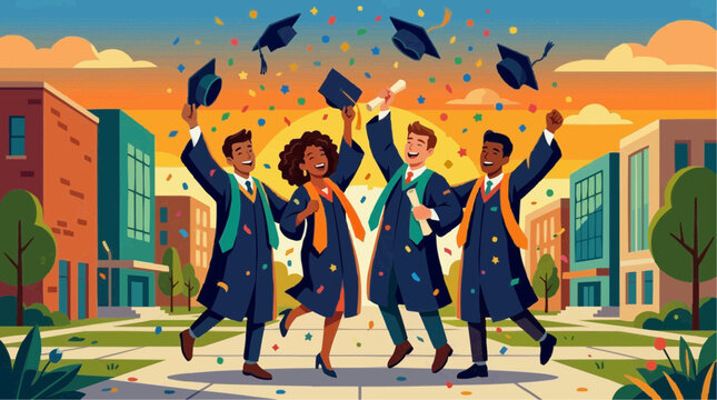 Graduation Celebration: A vibrant illustration capturing the jubilation of graduates as they toss their caps into the air. Celebrate accomplishment, hope, and new beginnings.