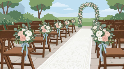 Obraz premium Wedding Venue: An elegant wedding ceremony setting, meticulously adorned with floral arrangements and charming chairs, invites couples and guests to a day of unforgettable joy and cherished memories.