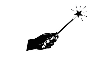 Black hand holding magic wand with glowing star, isolated on white background © Teh