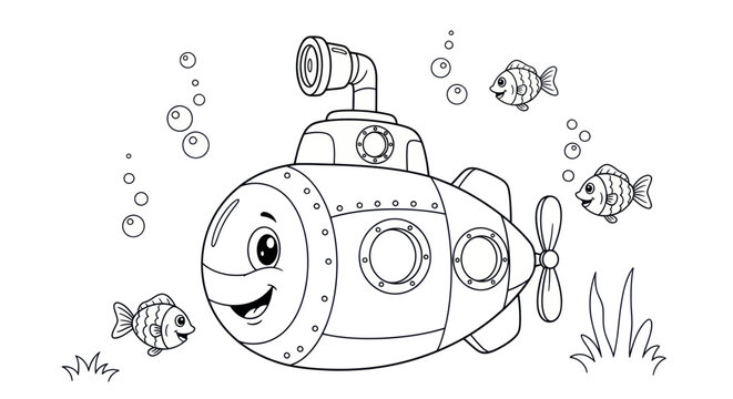 Cute cartoon submarine with smiling face and fish underwater, coloring page